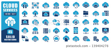 Cloud Services Solid Icon Set Featuring Storage, Data, Network And Security Symbols. Ideal For Technology, SaaS And Web Projects. Clean Modern Design With Bold And Clear Visual Elements. Vector Icon 139404278