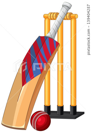 Cricket Bat Ball and Wicket Stumps Vector Illustration on White Background 139404287