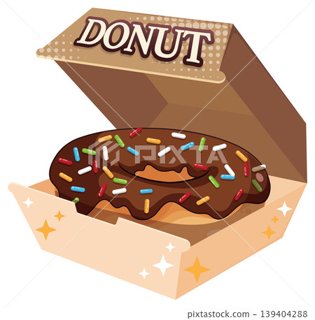 Chocolate Glazed Donut with Colorful Sprinkles in an Open Cardboard Box Chocolate Glazed Donut with Colorful Sprinkles in an Open Cardboard Box 139404288