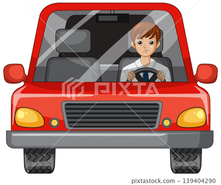 Young Man Driving a Red Car Front View Vector Illustration 139404290