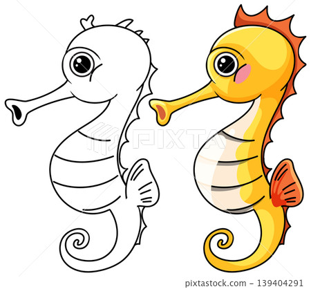 Cute Seahorse Vector Illustration in Colored and Line Art Styles 139404291