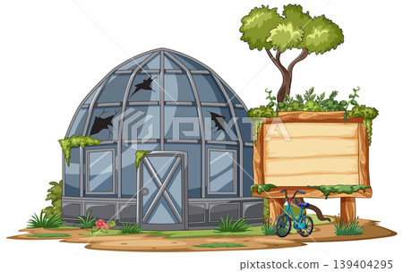Abandoned Glass Dome Building with Overgrown Wooden Signboard Abandoned Glass Dome Building with Overgrown Wooden Signboard 139404295