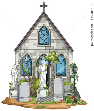 Abandoned Stone Chapel With Overgrown Cemetery Statues Abandoned Stone Chapel With Overgrown Cemetery Statues 139404305