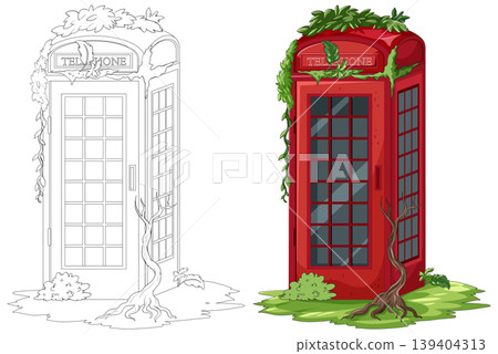 Overgrown Red Telephone Booth in Abandoned Urban Setting Overgrown Red Telephone Booth in Abandoned Urban Setting 139404313