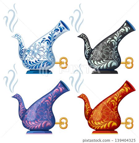 Decorative Ornate Teapots with Floral Patterns and Steam 139404325