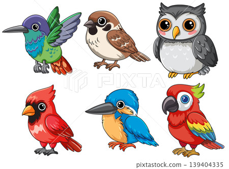 Set of Six Cute Cartoon Bird Vector Illustrations on White Background Set of Six Cute Cartoon Bird Vector Illustrations on White Background 139404335