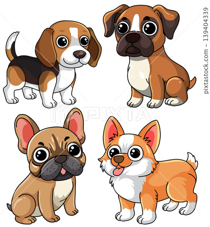 Set of Four Cute Cartoon Dog Breeds on White Background 139404339