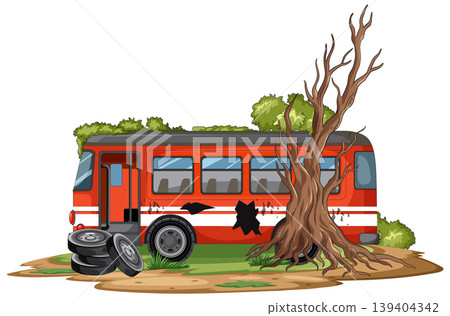 Abandoned Red Bus Beside Dead Tree in Nature Abandoned Red Bus Beside Dead Tree in Nature 139404342