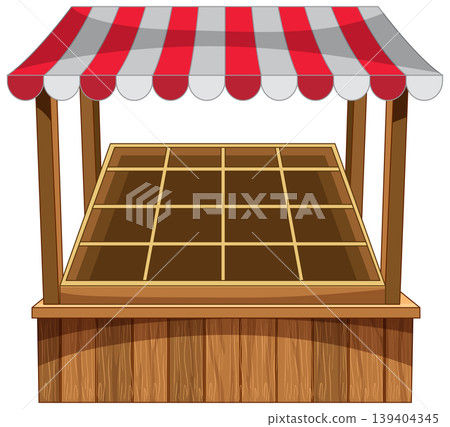 Empty Wooden Market Stall with Red and White Awning 139404345