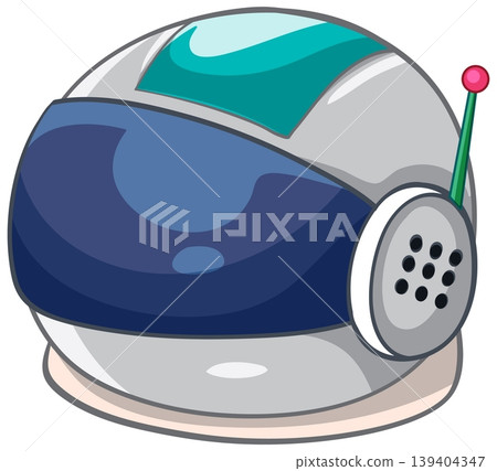 Silver Space Helmet Illustration with Blue Visor and Communication Antenna 139404347