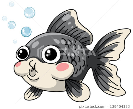 Cute Cartoon Black and White Goldfish Swimming with Bubbles Vector Illustration Cute Cartoon Black and White Goldfish Swimming with Bubbles Vector Illustration 139404353