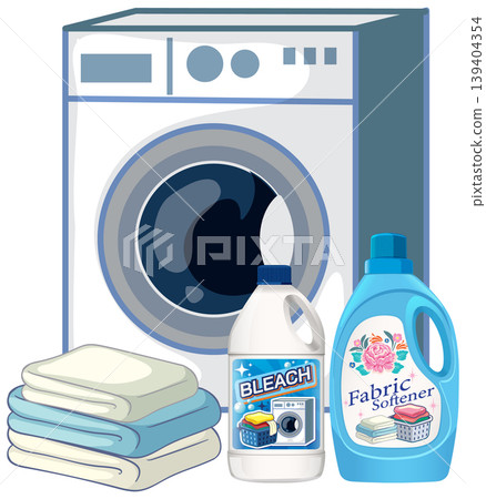 Front Load Washing Machine with Laundry Detergents and Towels Front Load Washing Machine with Laundry Detergents and Towels 139404354