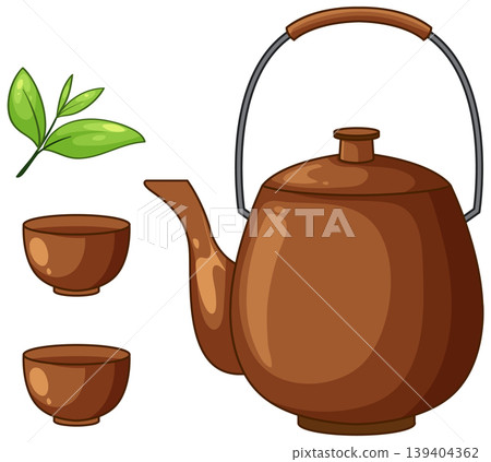 Traditional Japanese Teapot with Cups and Green Tea Leaves Traditional Japanese Teapot with Cups and Green Tea Leaves 139404362