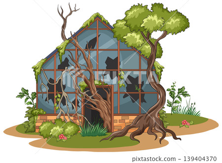 Overgrown Abandoned Greenhouse with Broken Glass Windows Overgrown Abandoned Greenhouse with Broken Glass Windows 139404370