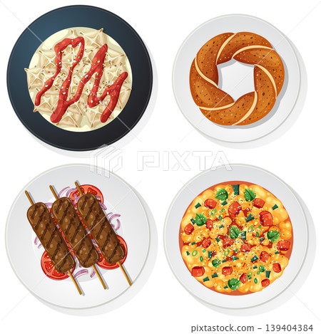 Traditional Turkish Dishes Vector Illustration on White Plates Traditional Turkish Dishes Vector Illustration on White Plates 139404384