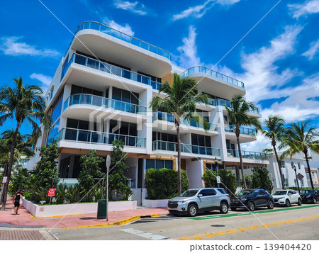 Miami, Florida, USA - June 08, 2024: Architectural building. Art deco architectural district. Art Deco. Modern building Miami beach. Miami South Beach in Ocean Drive. Art Deco building architecture 139404420