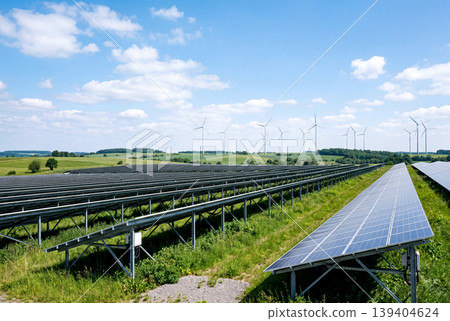 來自太陽能電池板和風力渦輪機的可再生能源 來自太陽能電池板和風力渦輪機的可再生能源 139404624