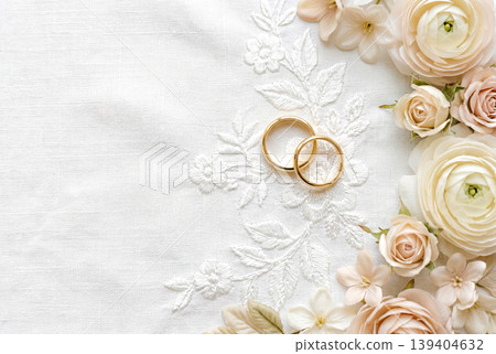 婚戒擺放在花和蕾絲上 婚戒擺放在花和蕾絲上 139404632