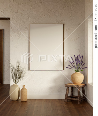 White frame over lavender vase on stool chair on wooden parquet floor in old white plaster wall room White frame over lavender vase on stool chair on wooden parquet floor in old white plaster wall room 139404940