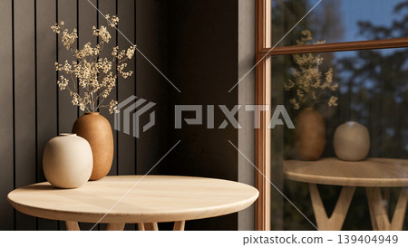 Dried flower branch in vase on round wooden table aside black slats wall and glass window in a room Dried flower branch in vase on round wooden table aside black slats wall and glass window in a room 139404949