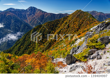 Autumn foliage in the Southern Alps, the Houou Sanzan mountain range, and the view of Kitadake, Takamine, and Senjogatake from Akanukizawa-no-atama. Autumn foliage in the Southern Alps, the Houou Sanzan mountain range, and the view of Kitadake, Takamine, and Senjogatake from Akanukizawa-no-atama. 139404997