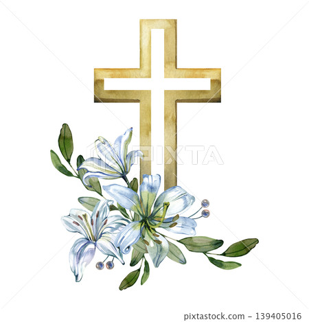 Elegant watercolor illustration featuring a golden Christian cross adorned with delicate light blue lilies and green leaves. Perfect for religious celebrations, Easter designs, or sympathy cards. 139405016