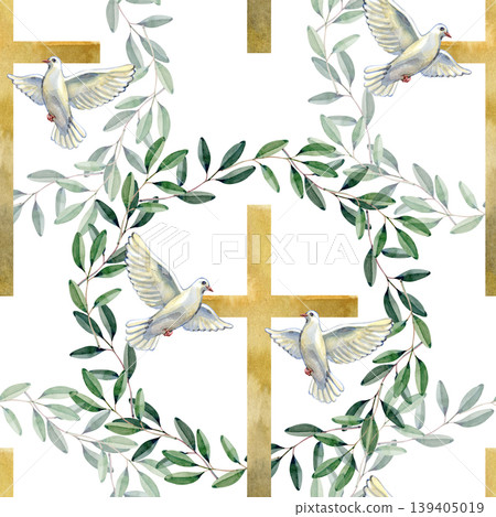 Elegant seamless pattern featuring golden crosses, white flying doves, and green olive branches. This hand drawn watercolor design symbolizes peace, faith, and hope, perfect for religious and Elegant seamless pattern featuring golden crosses, white flying doves, and green olive branches. This hand drawn watercolor design symbolizes peace, faith, and hope, perfect for religious and 139405019