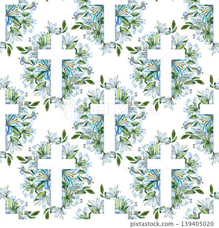 Elegant seamless pattern featuring a white Christian cross surrounded by hand drawn watercolor blue lilies and green leaves. Perfect for Easter, baptism, wedding stationery, and religious events. Elegant seamless pattern featuring a white Christian cross surrounded by hand drawn watercolor blue lilies and green leaves. Perfect for Easter, baptism, wedding stationery, and religious events. 139405020