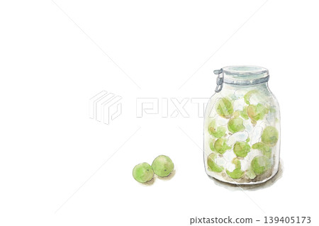一幅手繪水彩插圖，描繪了一個用來保存梅酒的罐子。 139405173