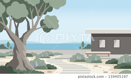 Coastal Patio View Mediterranean Flat Design Illustration Coastal Patio View Mediterranean Flat Design Illustration 139405197
