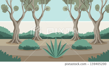 Desert Garden Trees Mediterranean Flat Design Illustration Desert Garden Trees Mediterranean Flat Design Illustration 139405200