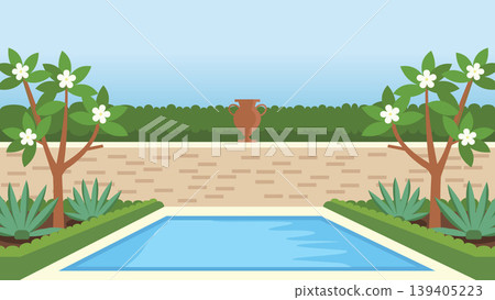 Poolside Garden Bloom Mediterranean Flat Design Illustration Poolside Garden Bloom Mediterranean Flat Design Illustration 139405223