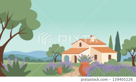 Cozy Villa Yard Mediterranean Flat Design Illustration Cozy Villa Yard Mediterranean Flat Design Illustration 139405226