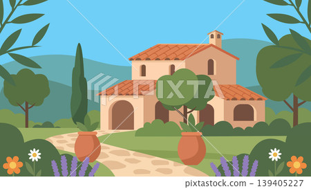 Floral Courtyard House Mediterranean Flat Design Illustration Floral Courtyard House Mediterranean Flat Design Illustration 139405227