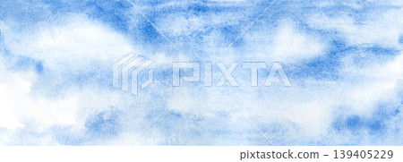 Watercolor blue sky background, hand-painted clouds, horizontal banner. Watercolor blue sky background, hand-painted clouds, horizontal banner. 139405229