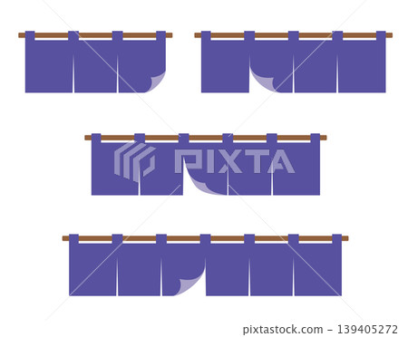 A set of illustrations of a Japanese-style curtain flapping in the wind, with space for calligraphy and logos to be added to store entrance materials. 139405272