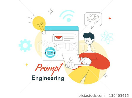 Prompt Engineering Illustration Featuring AI Chatbot Interaction, Coding Interface, and Creative Text Input Concept With Modern Technology Design 139405415