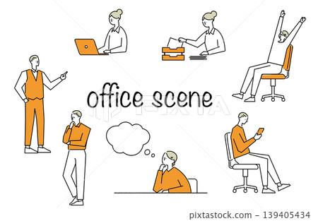 A set of illustrations depicting various scenes in the office. 139405434