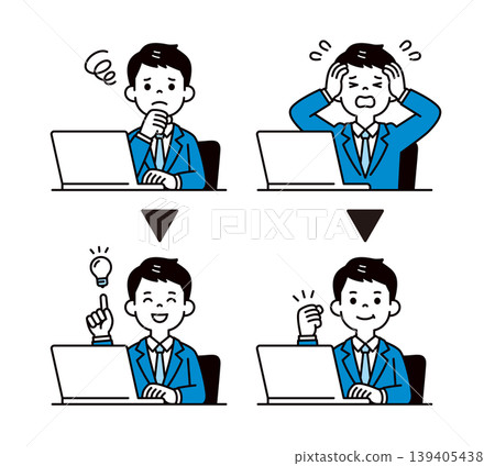 A set of simple upper body vector illustrations of a young businessman dealing with and resolving a problem. A set of simple upper body vector illustrations of a young businessman dealing with and resolving a problem. 139405438