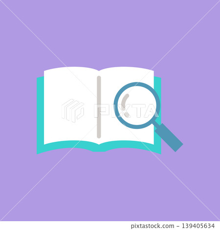 A simple icon of a book and a magnifying glass. 139405634