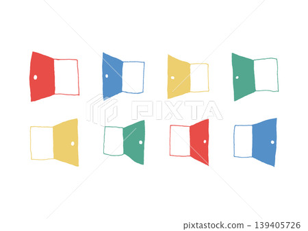 A set of simple and colorful hand-drawn illustrations of doors opening to the left and right. A set of simple and colorful hand-drawn illustrations of doors opening to the left and right. 139405726