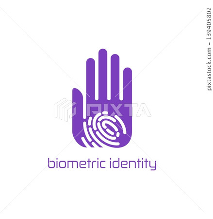 Fingerprint biometric identity tech startup icon or emblem. User biometric identity sign, ID verification vector symbol. Authentication system emblem with purple hand silhouette and fingerprint Fingerprint biometric identity tech startup icon or emblem. User biometric identity sign, ID verification vector symbol. Authentication system emblem with purple hand silhouette and fingerprint 139405802