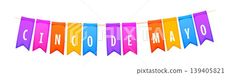Mexican Cinco de Mayo holiday cartoon paper garland. Cinco de Mayo holiday papel picado garland, Mexican national carnival paper cut vector bunting. Hispanic culture festival cutout decoration 139405821