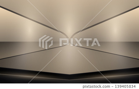 Luxury gold geometric scene with podium stage for product display. Elegant beige metallic gradients and symmetry create premium mood. Ideal for cosmetics, jewelry, branding, ads and ecommerce visuals 139405834