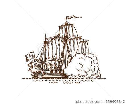 Vintage pirate sail ship, medieval warship sketch. Pirate warship isolated vector sketch, sail ship historical map element. European fleet galleon, pirate vessel drawing with shooting cannon smoke Vintage pirate sail ship, medieval warship sketch. Pirate warship isolated vector sketch, sail ship historical map element. European fleet galleon, pirate vessel drawing with shooting cannon smoke 139405842
