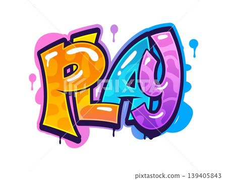 Play urban graffiti, cool paint spray typography. City ghetto airbrush artwork, street wall vector tag. Urban play graffiti cool drawing or text with orange, purple and blue letters, paint stains Play urban graffiti, cool paint spray typography. City ghetto airbrush artwork, street wall vector tag. Urban play graffiti cool drawing or text with orange, purple and blue letters, paint stains 139405843