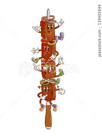 Cartoon groovy barbecue and grill BBQ shashlik character. Food grilling hippie groovy vector mascot, barbeque happy personage. Barbecue kebab on skewer with onion and pepper vegetables cute character Cartoon groovy barbecue and grill BBQ shashlik character. Food grilling hippie groovy vector mascot, barbeque happy personage. Barbecue kebab on skewer with onion and pepper vegetables cute character 139405844