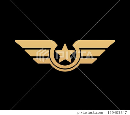 Golden wings award shield, aviation pilot rank sign. Aviation pilot award vector badge, army airforce medal emblem. Military elite force golden symbol with gold five point star and wings feather Golden wings award shield, aviation pilot rank sign. Aviation pilot award vector badge, army airforce medal emblem. Military elite force golden symbol with gold five point star and wings feather 139405847