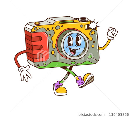 Cartoon hippie groovy photo camera funky trippy character. Compact photo camera funky mascot or cartoon cheerful isolated vector personage. Photography or electronics device hippie groovy character Cartoon hippie groovy photo camera funky trippy character. Compact photo camera funky mascot or cartoon cheerful isolated vector personage. Photography or electronics device hippie groovy character 139405866