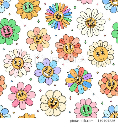 Groovy daisy flower characters seamless pattern. Funky fabric or wrapping paper vector pattern. Hippie seamless print with happy smiling daisy or chamomile flower characters faces with colorful petals Groovy daisy flower characters seamless pattern. Funky fabric or wrapping paper vector pattern. Hippie seamless print with happy smiling daisy or chamomile flower characters faces with colorful petals 139405886